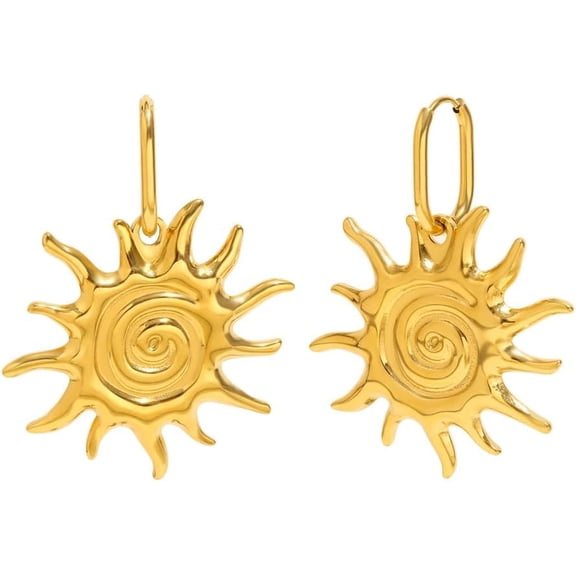 Chunky Gold Sun Drop Dangle Huggie Hoop Earrings for Women - Stainless Steel 18K Gold Plated Spiral Swirl Celestial Dangling Geometric Hoops Earring Statement Fashion Jewelry