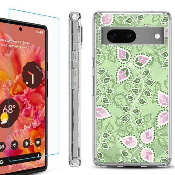 OneToughShield ® for Google Pixel 7a Shockproof Bumper Phone Case, with Tempered Glass Screen Protector - Leaf Pink Green