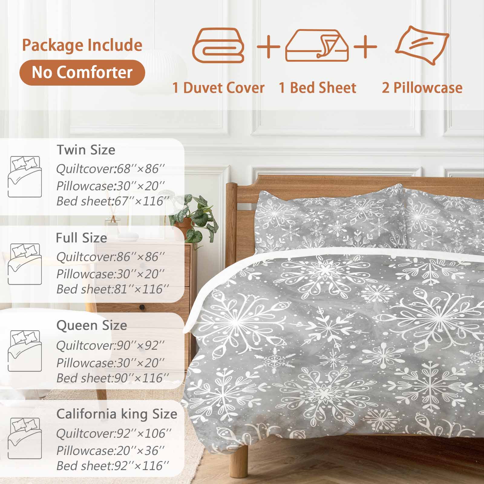 Winter Christmas Bedding Duvet Cover Set Twin Size 4 Pieces Watercolor White Snowflake Bedding Set with Zipper Closure, 1 Comforter Cover 68x86 Inches 1 Flat Sheet & 2 Pillow Cases