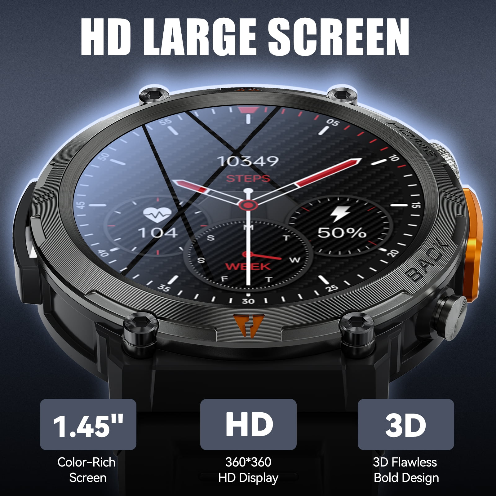 XAXRE Smart Watches with Flashlight for Men, 1.45 inches Bluetooth Call Watch Activity Tracker, Rugged Outdoor Tactical Watch for Android and iPhone, Black