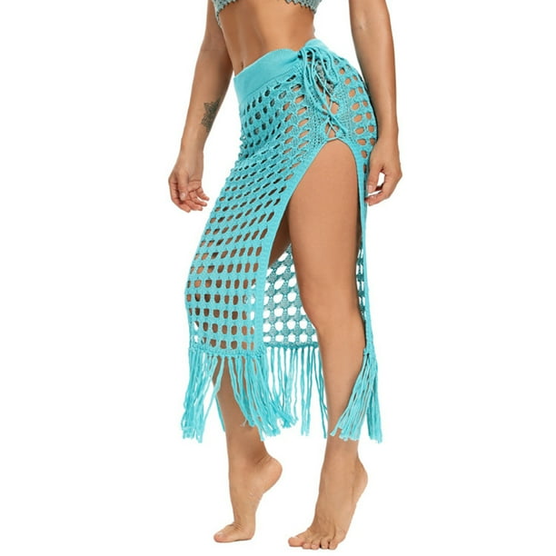 PEZHADA Beach Sarong Pareo Womens Semi Sheer Swimwear Cover Ups Short Skirt with Tassels Green