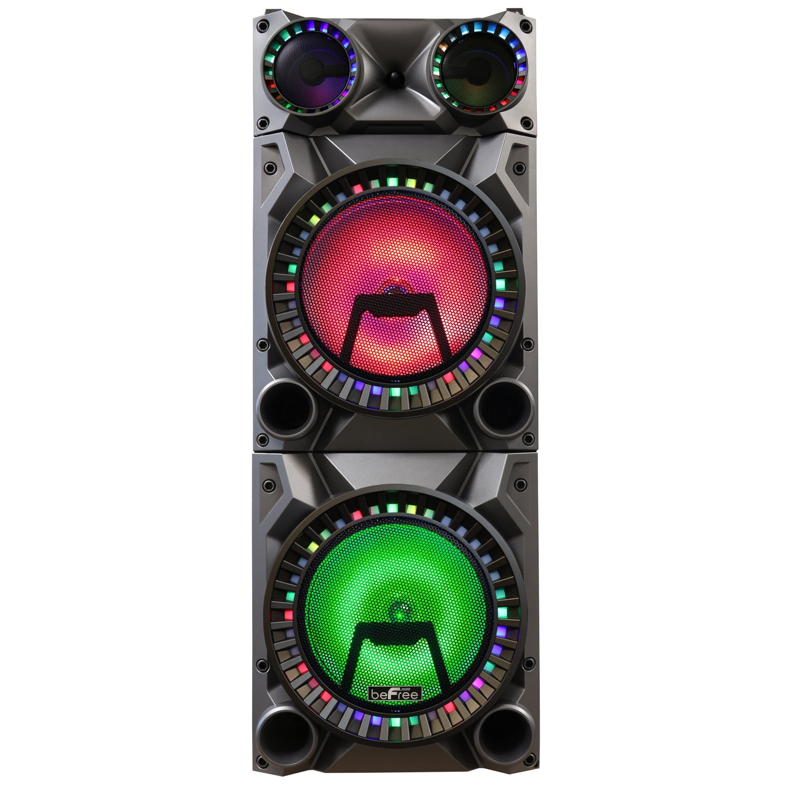 beFree Sound Rechargeable Bluetooth 12inch Double Subwoofer Portable Party Speaker with Dual Layer Reactive Party Lights, USB, SD and AUX Inputs with FM Radio
