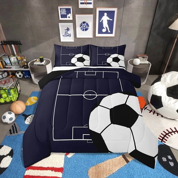 Football Comforter Set Twin Size Soccer Bedding Set Teens,Sports Theme Bed Comforter Sets Dark Blue Ball Gaming Quilt Bed Set Football Room Decor with 1 Pillowcase
