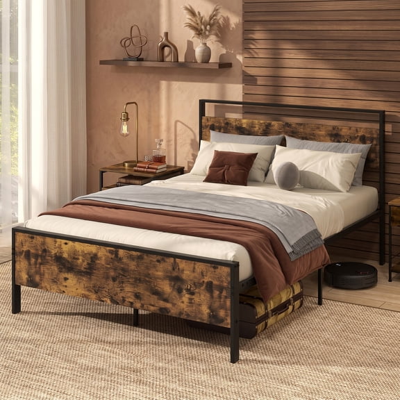 Furnibear Full Size Bed Frame, Metal Platform Bed Frame with Wooden Headboard, Full Bed Frame with Under Bed Storage for Bedroom, Rustic Brown