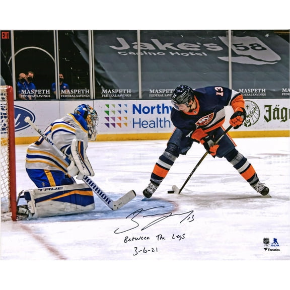Mathew Barzal New York Islanders Autographed 16" x 20" Goal Between Legs Photograph - Fanatics Authentic Certified