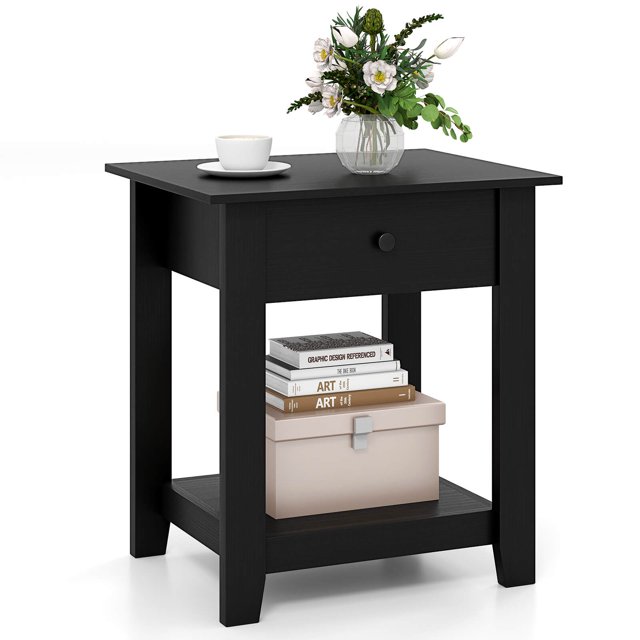 Costway 1 PCS Nightstand with Drawer 3-Tier Modern Bedside Table with Open Shelf Storage for Bedroom Black