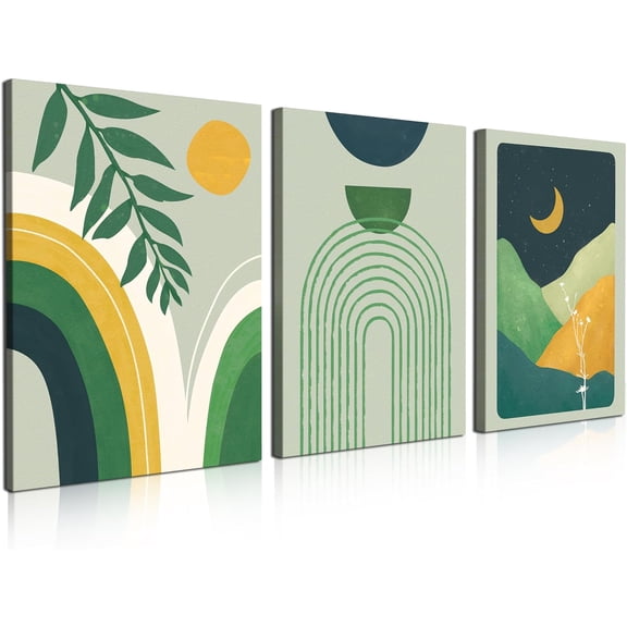 Framed Boho Wall Art Set of 3 Boho Wall Decor Mid Century Modern Wall Art, Neutral Abstract Geometric Canvas Prints Sage Green Boho Artwork 12" X 16" Ready To Hang for Bathroom Bedroom