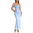 thumbnail image 2 of Vestido Maxi con Hombros Descubiertos, Corsé Fruncido, Ajustado, Vestidos Formales para Invitadas de Boda para Mujeres Azul S, 2 of 8