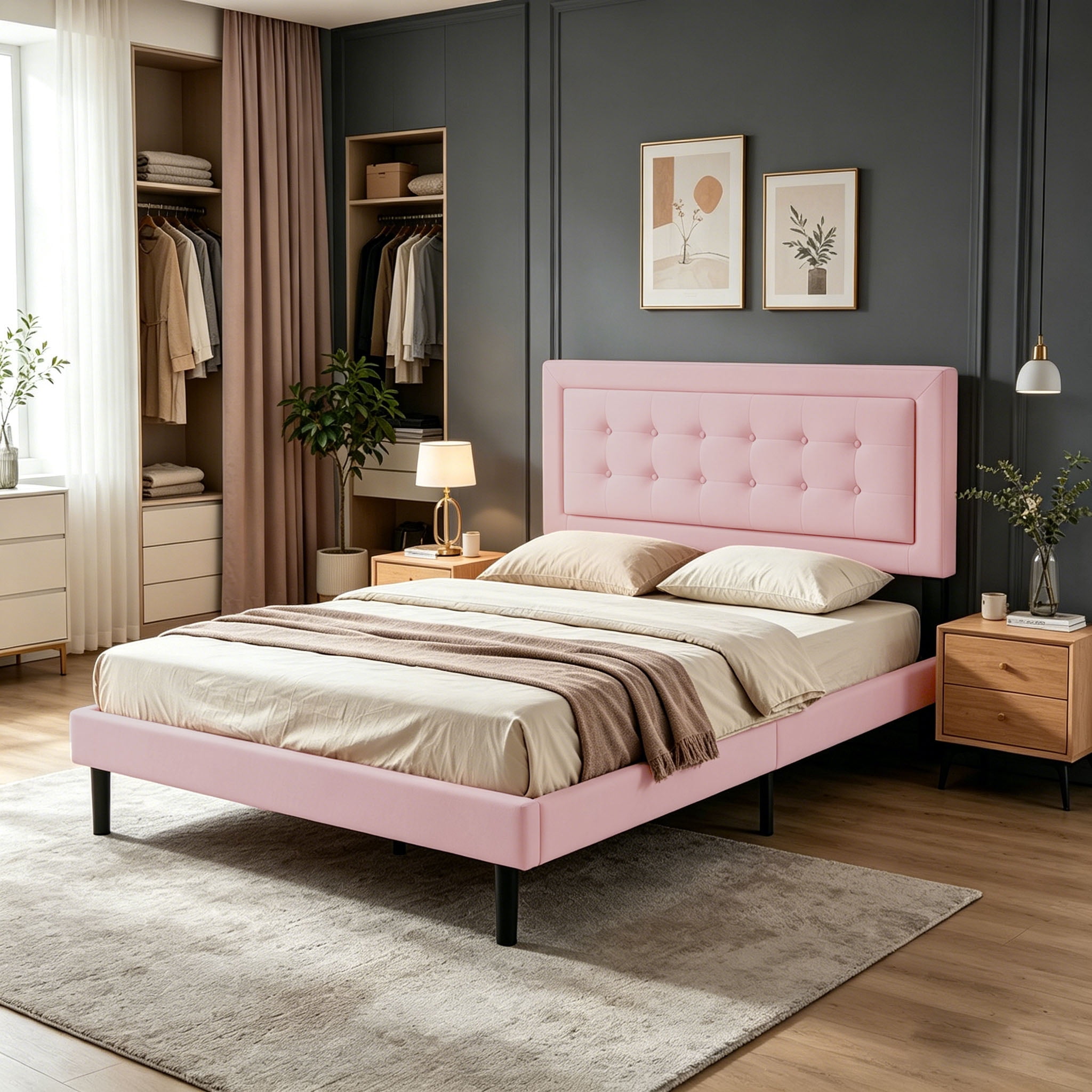 Gewnee Queen Size Platform Bed Frame with Upholstered Tufted Headboard,Wood Slats Support,Easy Assembly,No Box Spring Needed,Pink
