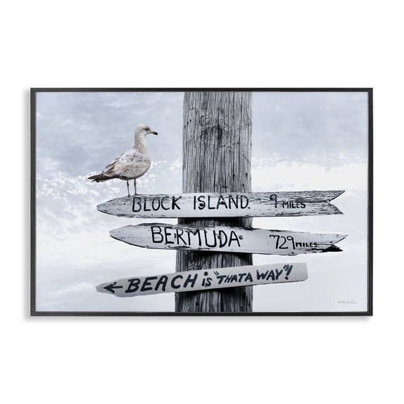 Stupell Industries Vacation Beach Signs with Seagull Animals Painting Black Framed Art Print Wall Art, 18 x 12