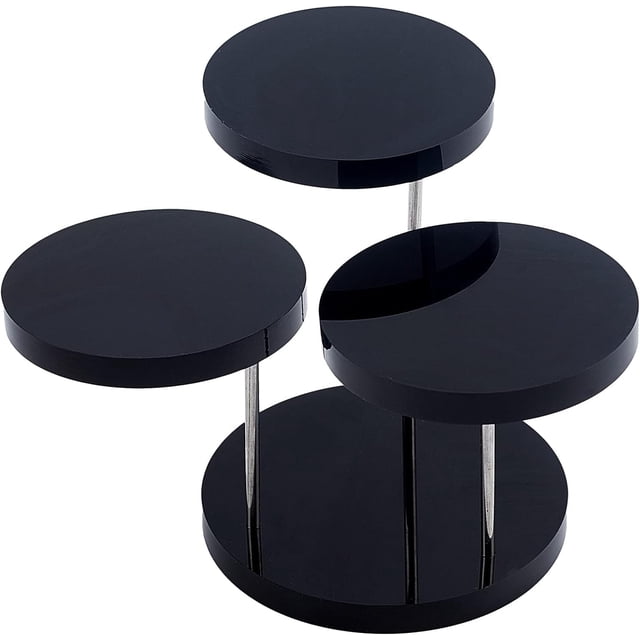 Exhibidor de joyería redondo de acrílico con pedestal, 3 niveles, giratorio, negro, para aretes, anillos y pulseras.