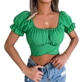 thumbnail image 1 of Blusa de gasa de tipo corto con cinturón y lazo en la espalda, camiseta de gasa plisada con manga abombada para citas para mujer, 1 of 6