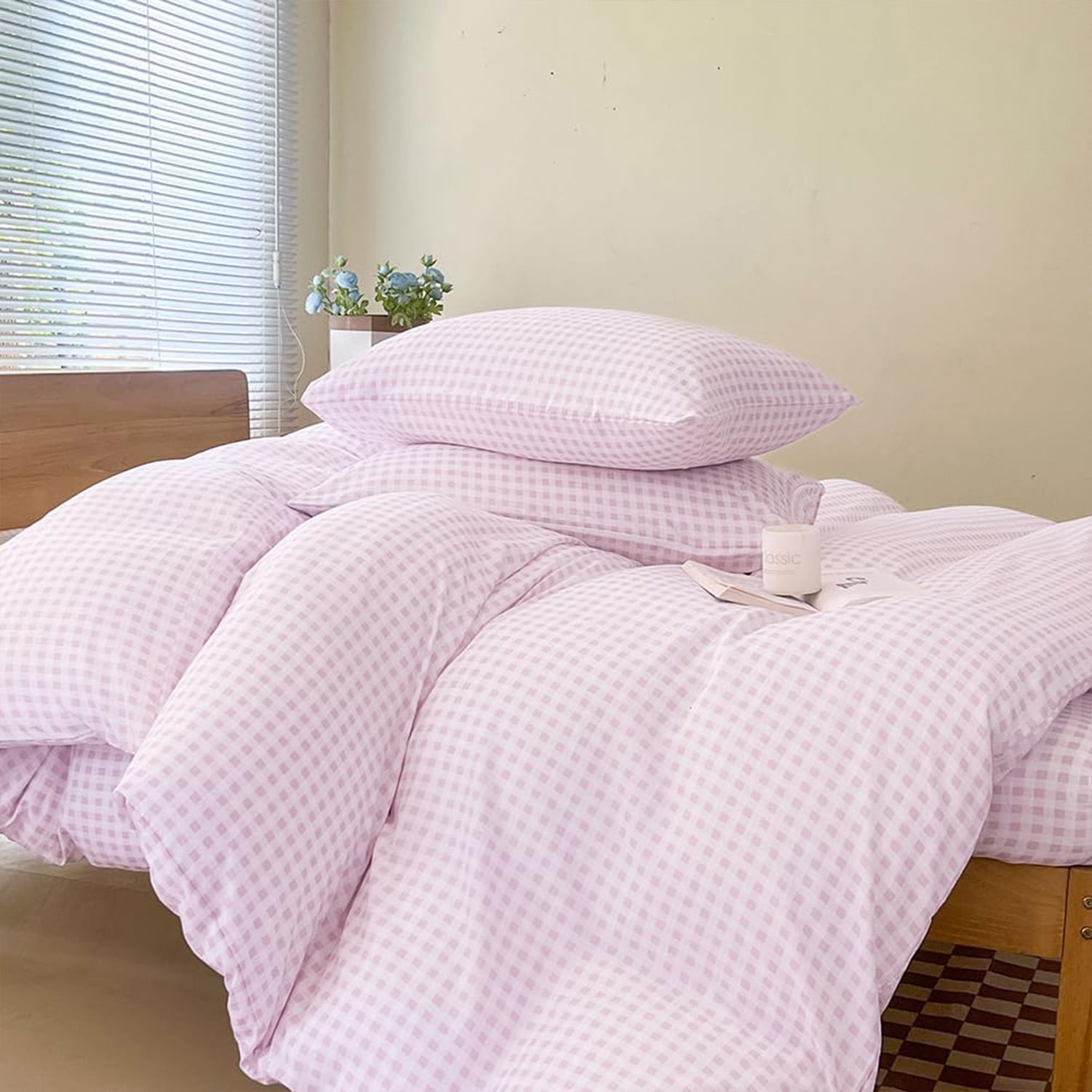 Pink Gingham King Duvet Cover Set, Pink Plaid Comforter Cover Set, 3 Pieces Checked Bedding Set (Pink Gingham, King)