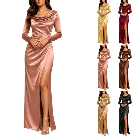 Smsaxvxz Women's Cowl Neck Satin Maxi Dress Long Sleeve High Slit Formal Evening Gown for Wedding Guest Bridesmaid Party Rose Gold L