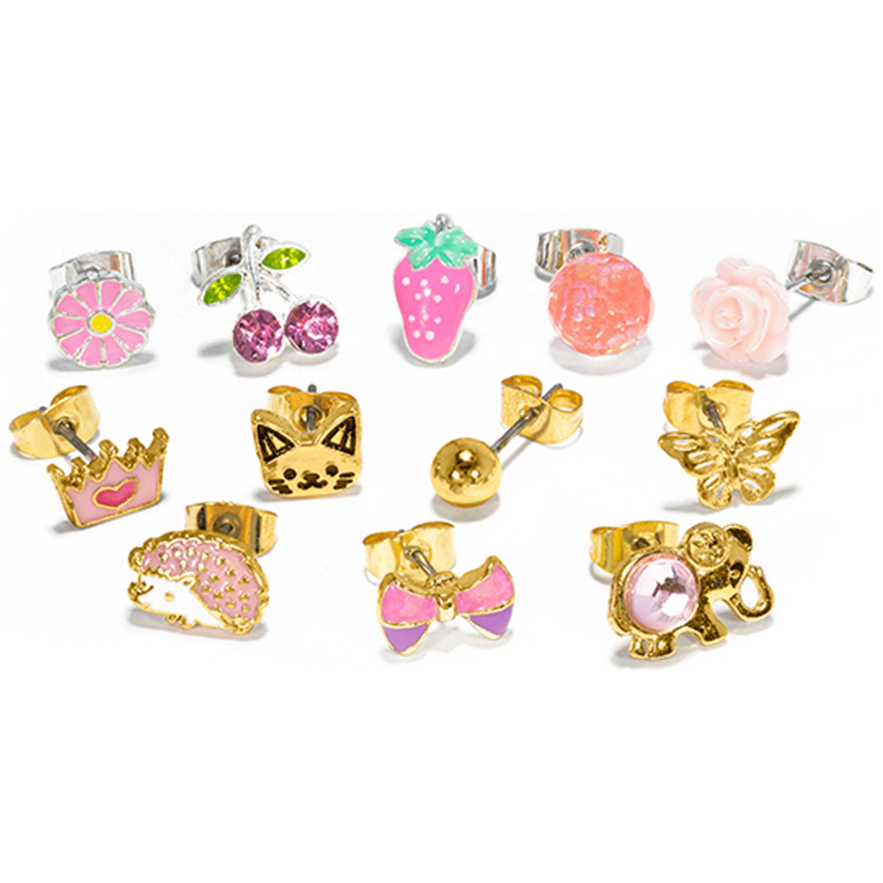 Claire's Girls Gold and Pink Spring Stud Earrings Set, Metal Alloy, 12 Pairs Teen
