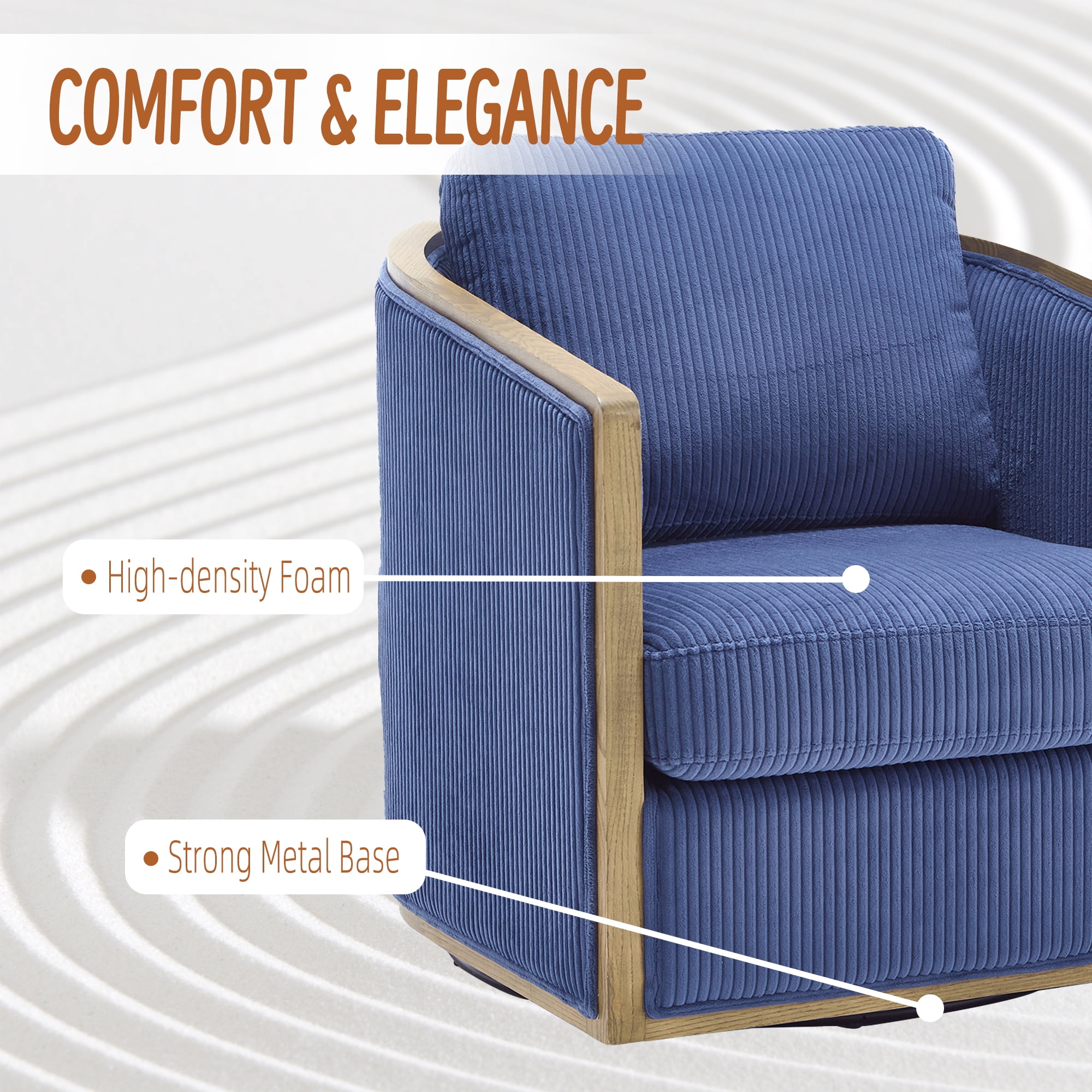 MOONMISS Corduroy Upholstered 360°Swivel Comfortable Round Barrel Chair for Living Room,Bedroom-Navy Blue
