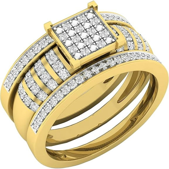Divine Creation Unisex 2.15 Ct Round Cut White Diamond Wedding Engagement Trio Ring Set 14K Yellow Gold Plated 925 Sterling Silver For Men's & Women's -6.5