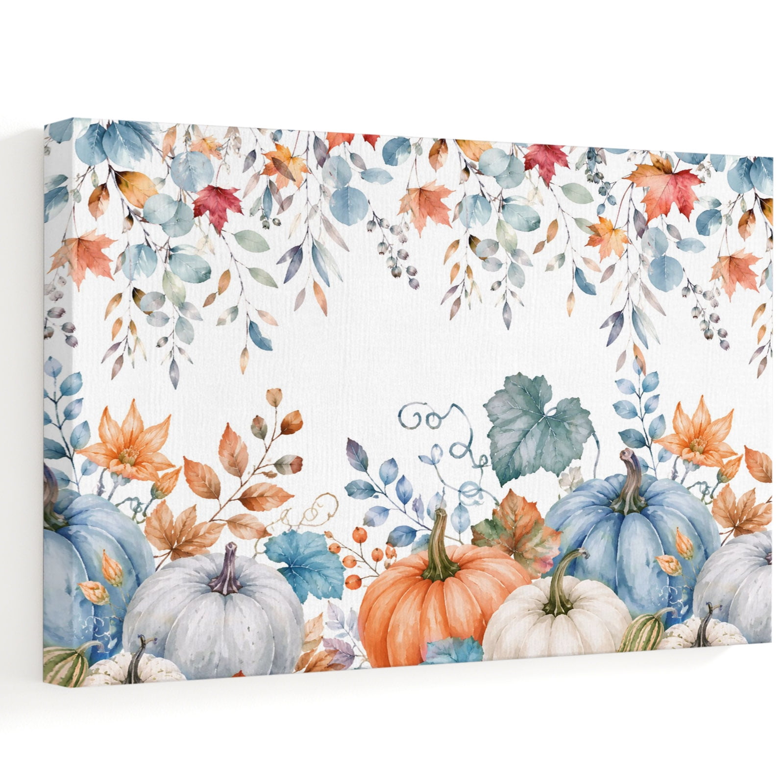 Thanksgiving Fall Canvas Wall Art Rustic White Orange Blue Pumpkin Eucalyptus Wall Art Prints Artwork Framed Canvas Ready to Hang Art Pictures for Bathroom Nightstand Narrow Hallway 14 x 11