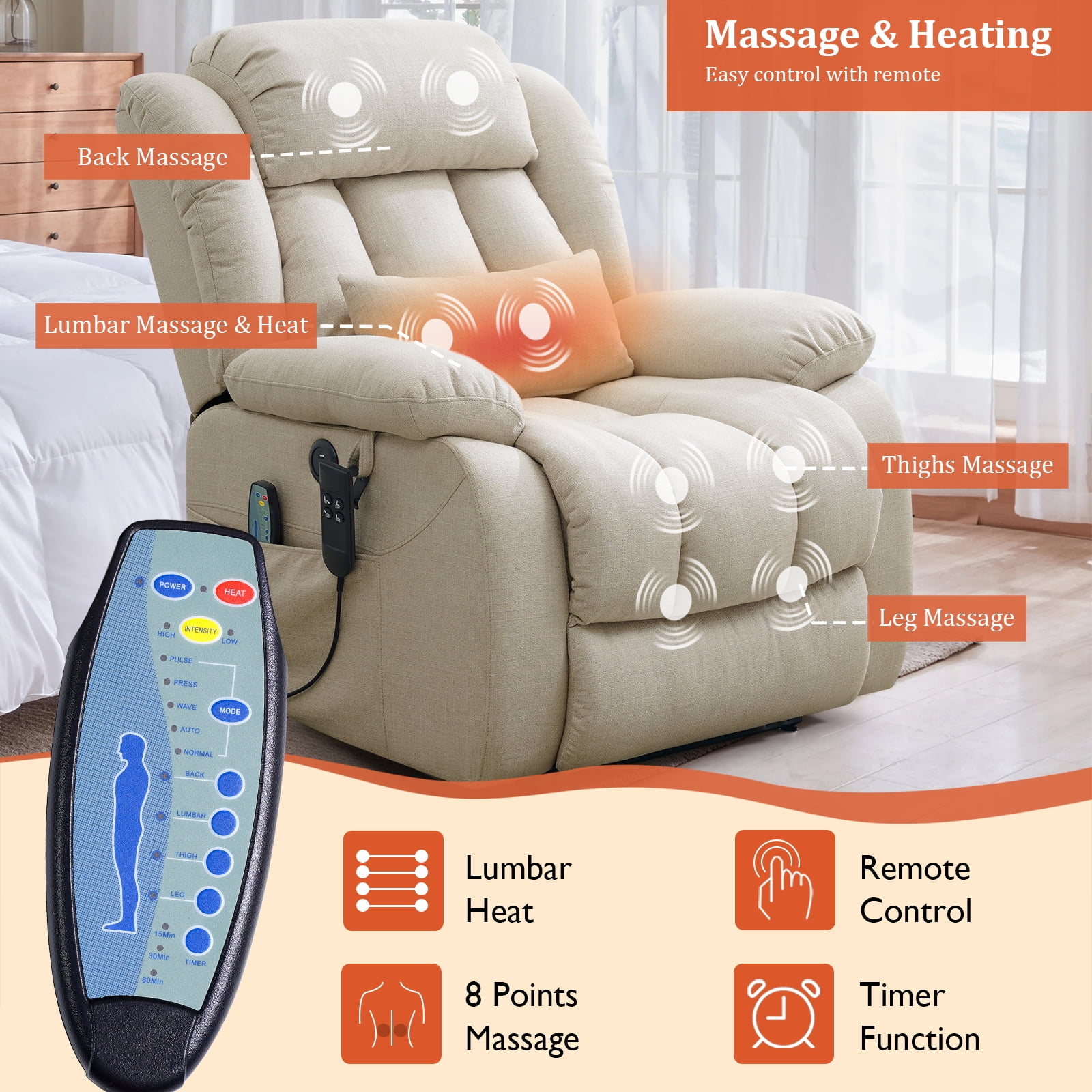 TEKAMON Infinite Position Lift Recliner Chair for Elderly with Heat and Massage Lay Flat Sleeping Power Lift Chair, Linen Fabric, Beige