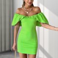 thumbnail image 3 of Vestido plisado con mangas de volantes de algodón Ropa de vacaciones ajustada de color sólido para mujer FLhrweasw Nuevo, 3 of 9
