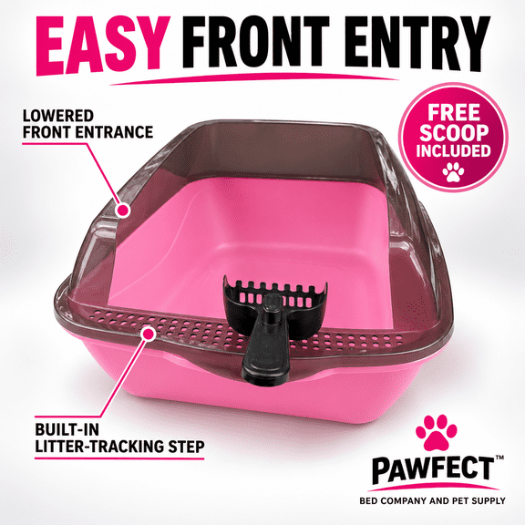 Pawfect Bed Company and Pet Supply Plastic litter box Open Top Cat Litter Box with Scooper, Pink