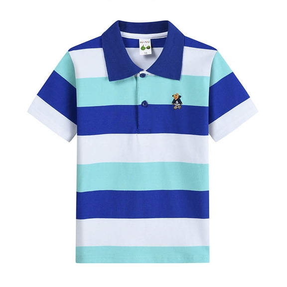 WhouRiu Boys Short Sleeve Polo Shirt Summer Casual Striped Graphic Tennis Collar Shirts Kids Comfortable Cute Soft Daily Polos,8-9 Years