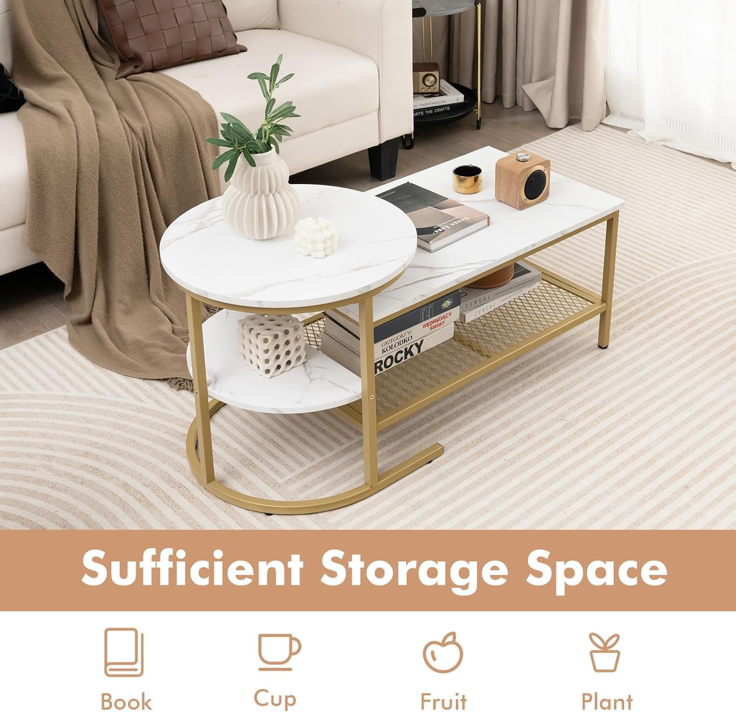 2 in 1 Nesting Coffee Table Modern Faux Marble Top Detachable Open Storage Shelf ,Home ,Office ,Gold & White