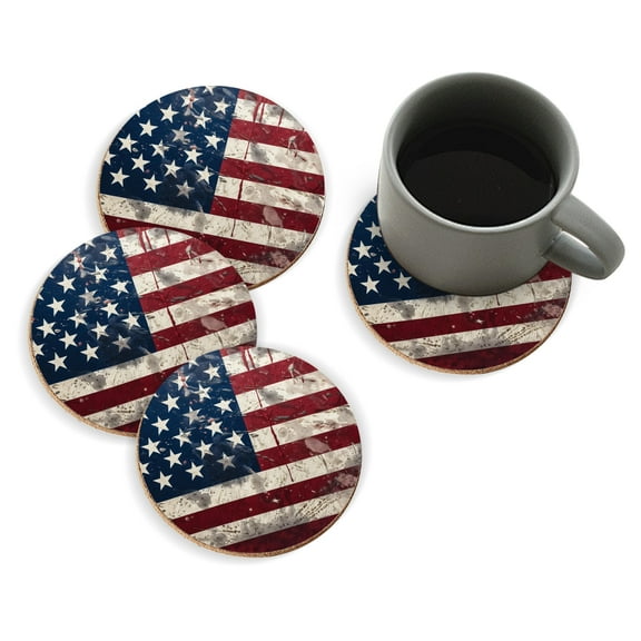Coasters for Drinks Bar Beer,Set of 4 ,Round Wooden Housewarming Gift,Vintage American Flag With Distressed And Weathered Texture