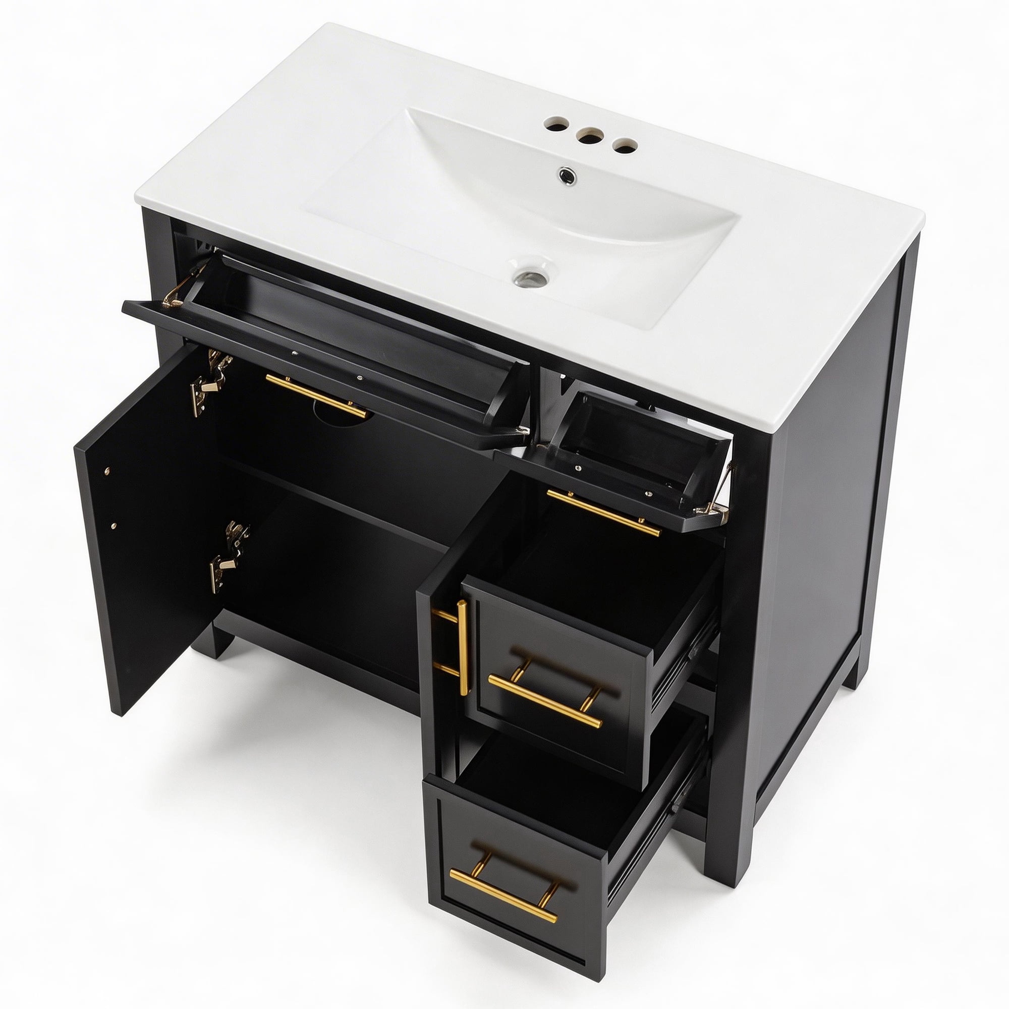 SogesPower 36" Bathroom Vanity with Ceramic Sink, Solid Wood Bathroom Makeup Cabinet with 2 Doors and 3 Drawers, Modern FreeStanding Single Basin Vanity Set for Bathroom, Black
