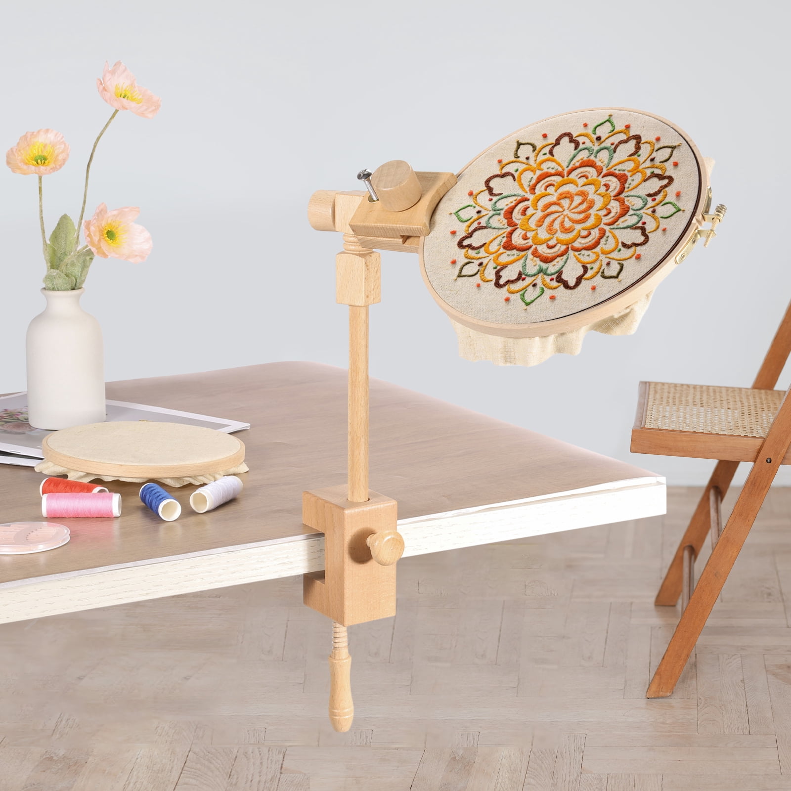 Uxcell Embroidery Hoop Stand, Adjustable Beech Wood Cross Stitch Holder for DIY Art Craft, with 6" Embroidery Hoop