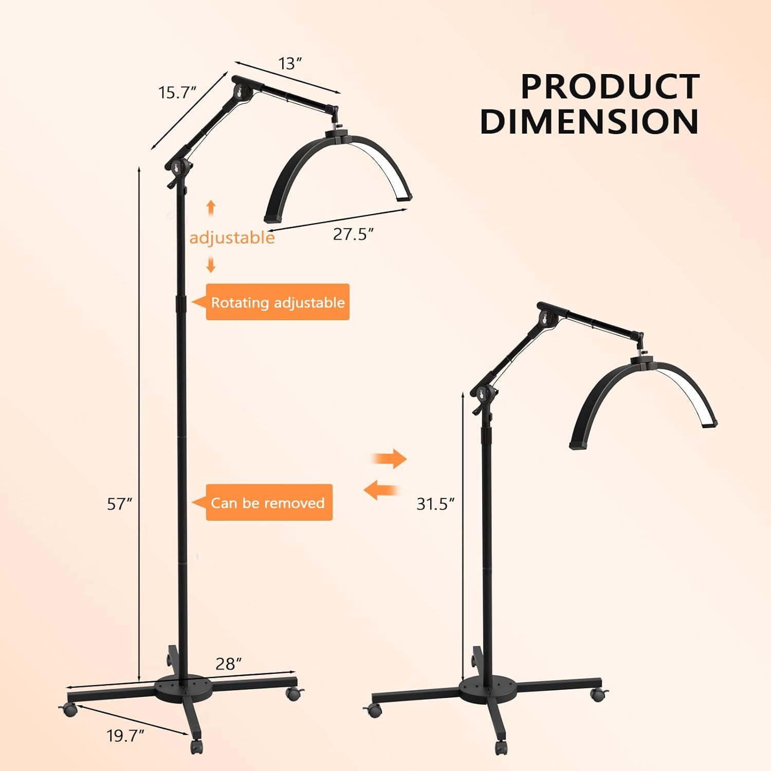 Half Moon Light Lash Lamp, Movable Shadowless LED Floor Lamp w/Adjustable Height & Phone Holder, Dimmable Lighting for Eyelash Extensions, Lash Tech, Nail, Tattoo, Esthetician & Salon (Black)