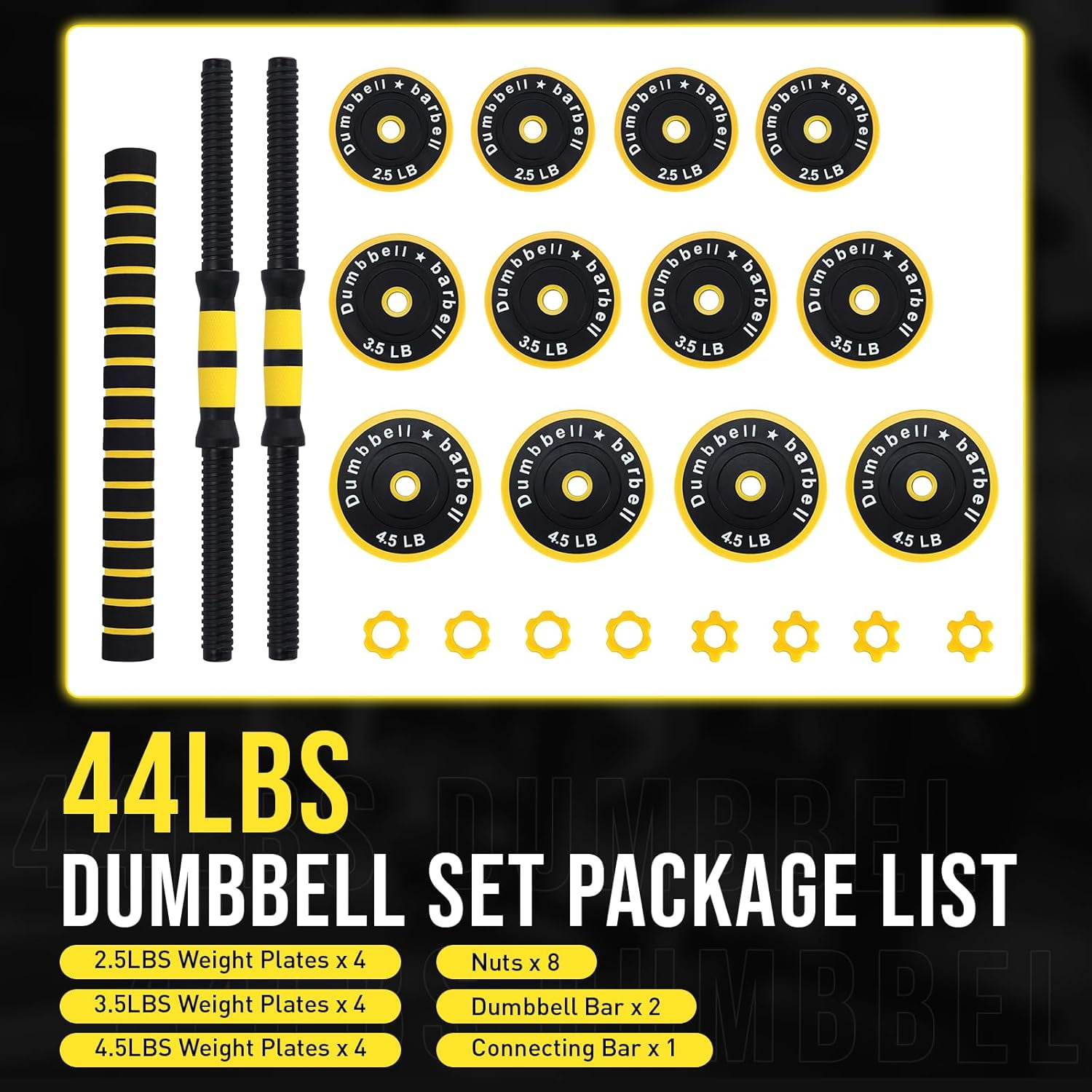 Luku 2-In-1 Adjustable Dumbbell Set, Dumbbell Weights Used As Dumbbell and Barbell Set, 44 Lb-Yellow