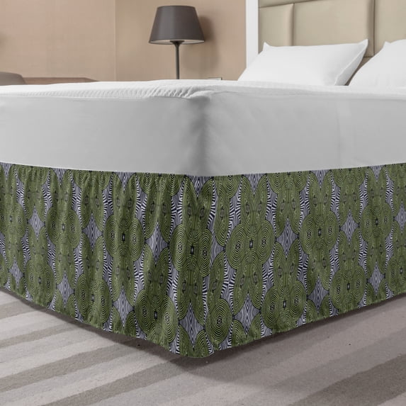 Tribal Bed Skirt, Essential Stripped Floral Pattern Contemporary Art, Elastic Bedskirt Dust Ruffle Wrap Around for Bedding Decor, 4 Sizes, Grey Olive Green, by Ambesonne