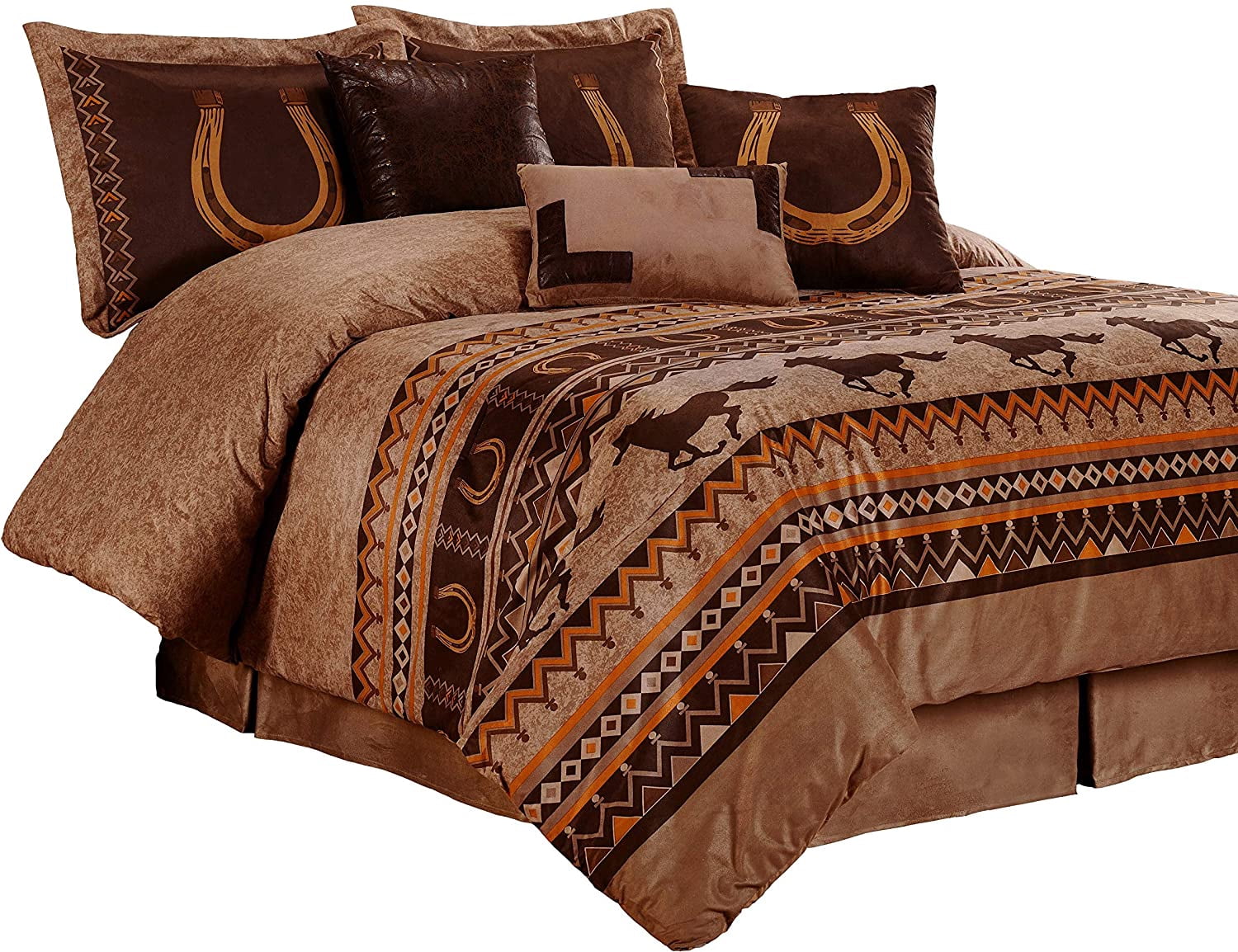 Chezmoi Collection Sedona 7-Piece Southwestern Wild Horses Microsuede Comforter Set, Queen, Russet Brown