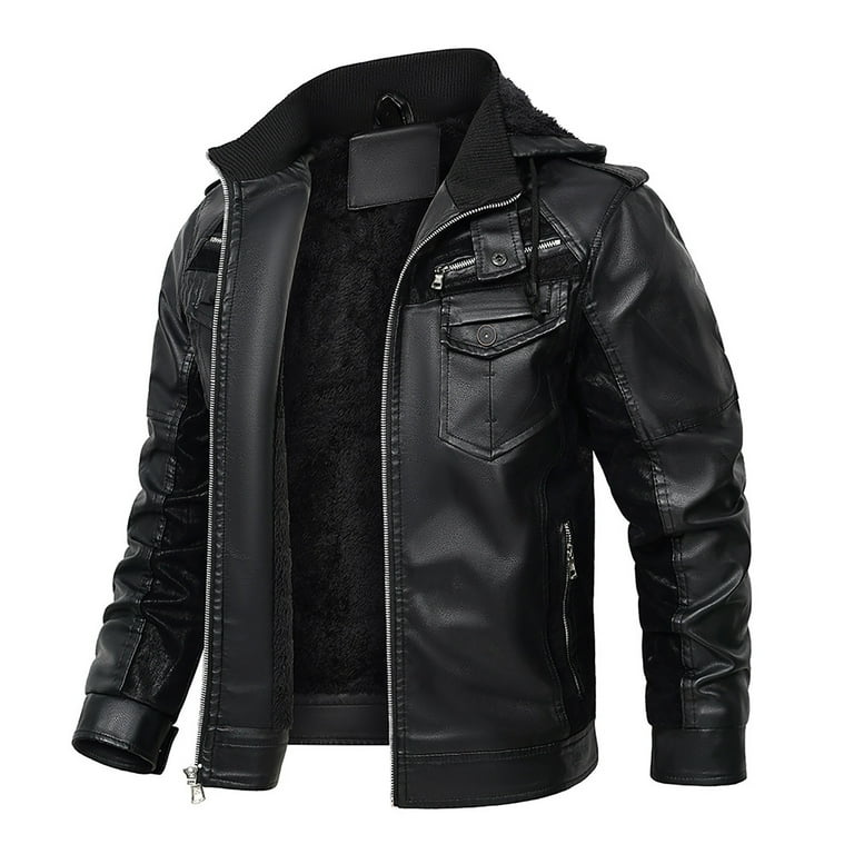 HOOMEUMY Men's Faux Leather Jacket Winter Warm Padded Hooded