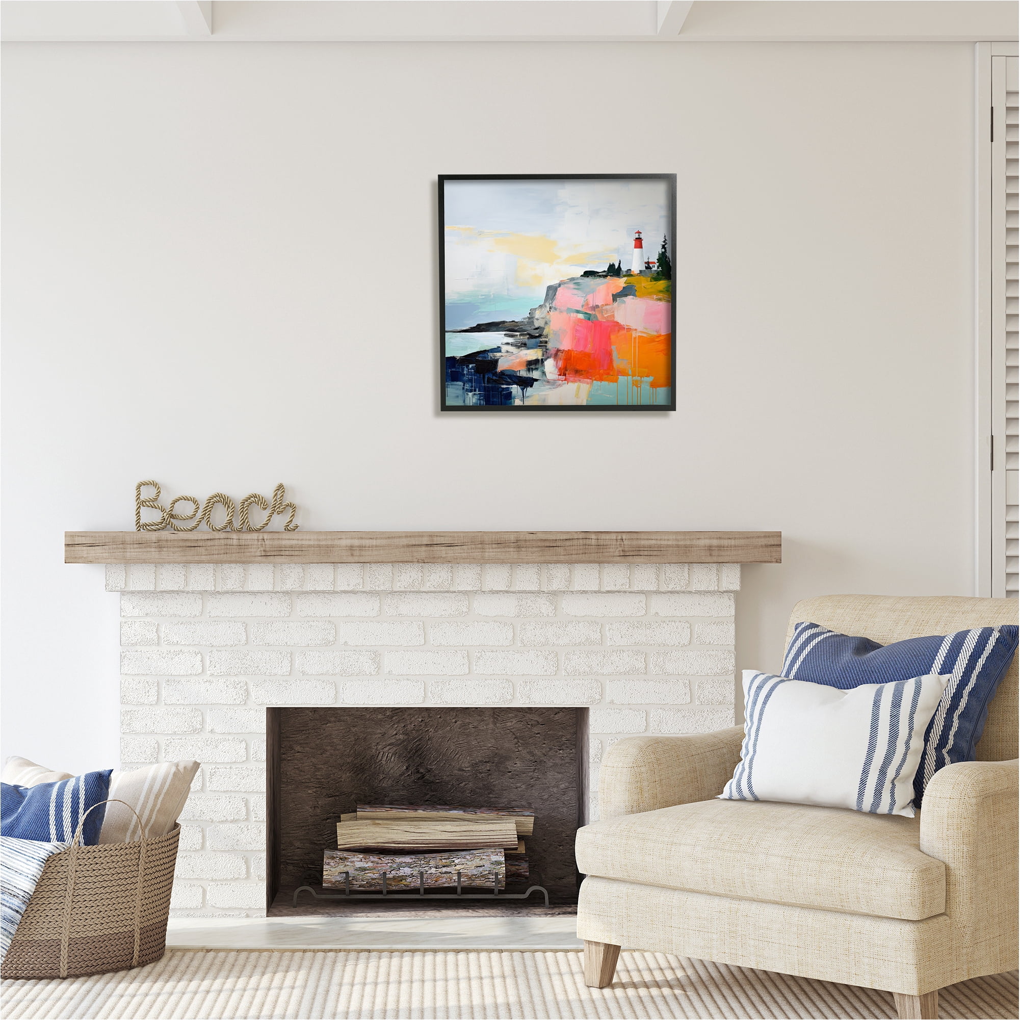Stupell Industries Modern Hued Lighthouse Landscape Painting Black Framed Art Print Wall Art, 24 x 24