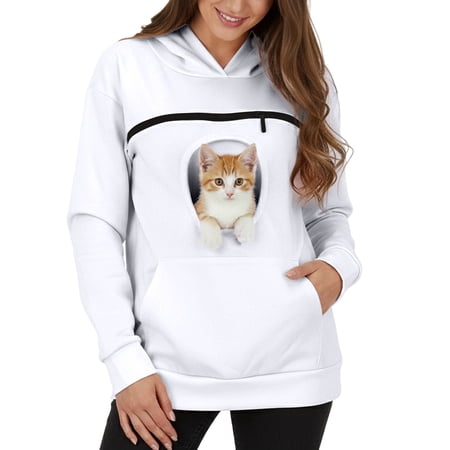 Luwomo Cat Pouch Hoodie Zipper Oversized Drawstring Sweatshirts Kitten Dog Pet Carrier Pocket Cozy Fashion Tops Clothes White M