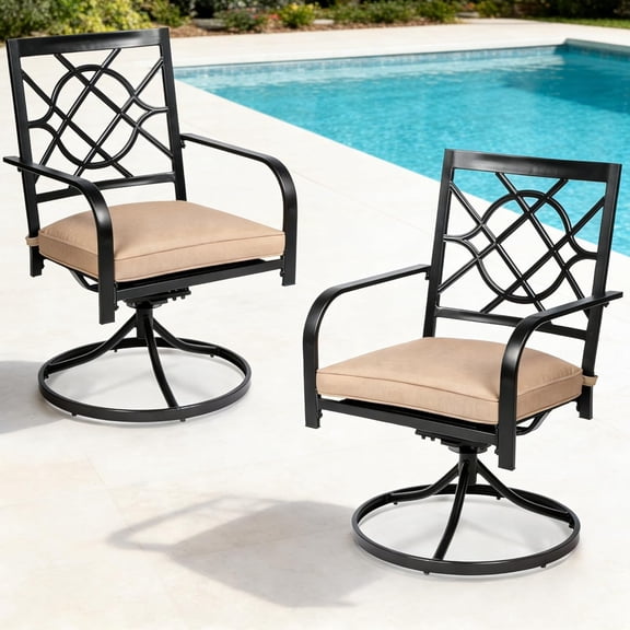 SOLAURA Patio Metal Swivel Chairs Outdoor Dining Chairs Set of 2 with Brown Cushion