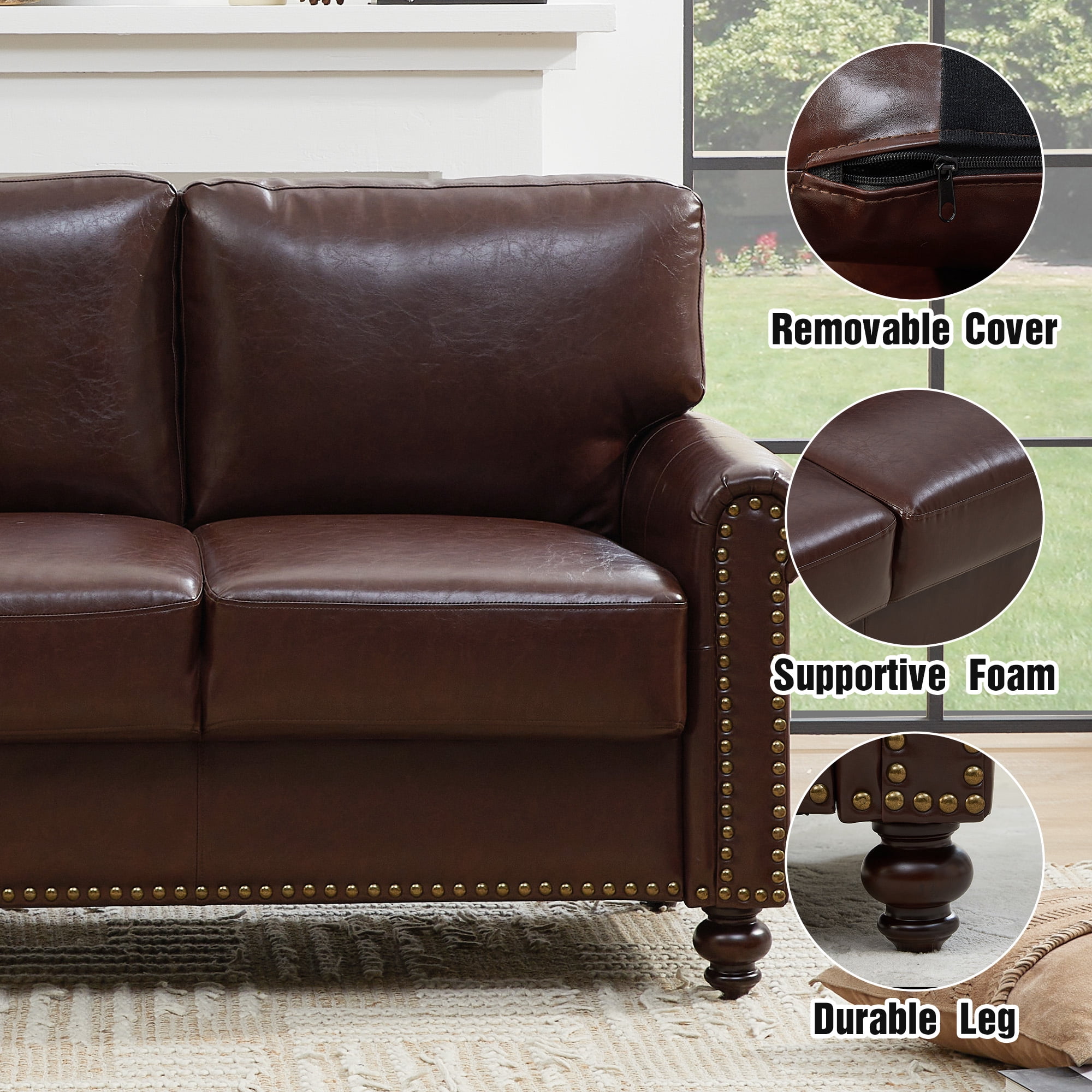 LeChapitre Faux Leather Sofa with Storage Seats, Classic 3-Seater Couch with Nailhead Trim (Dark Brown)