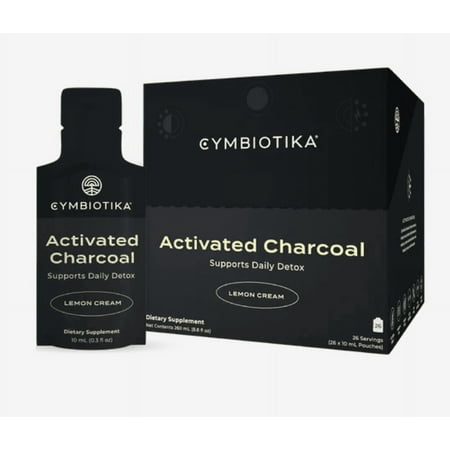 CYMBIOTIKA Activated Charcoal Liquid Supplement with Vitamin E, Gut Health & Digestive Support for Adults, Detox, Support Gas, Bloating, Lemon Cream Flavor, Vegan, 10ml Pouches, 26 Pack