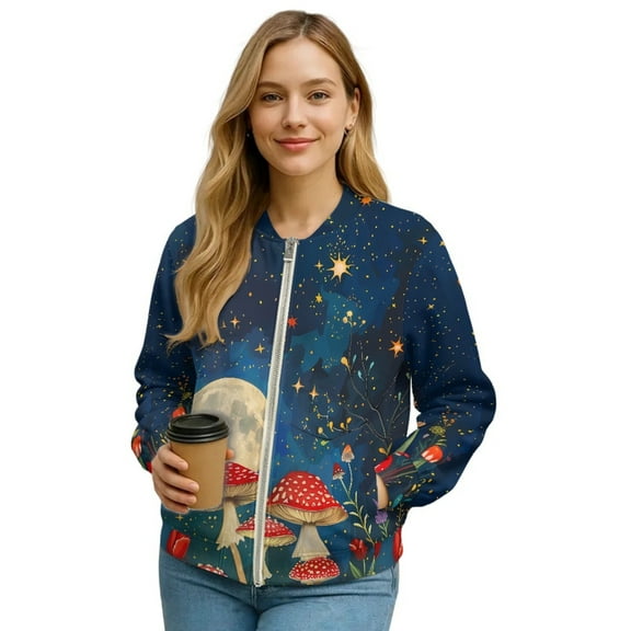 Xixirimido Women's Windbreaker Bomber Jacket Zip Up Jacket Fall Winter Casual Coat Lightweight Women Loose Fit Outerwear with Pockets, Mushrooms Moon Starry Night, XX-Large