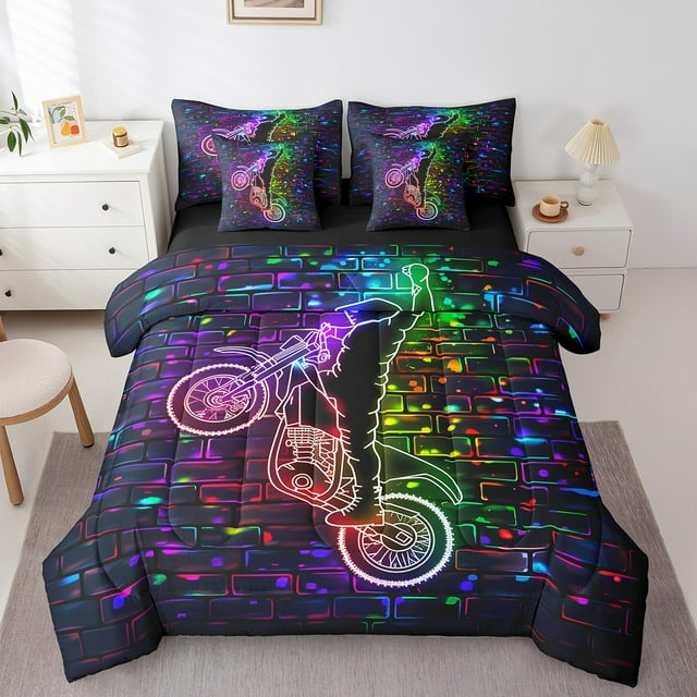 Motocross Rider Bed in a Bag Queen Comforter Set 7 Piece,Vehicles Dirt Bike Bedding Sets Racing Motorcycle Race Cars Sheet Set with Comforter,Motorbike Extreme Sports Room Decor