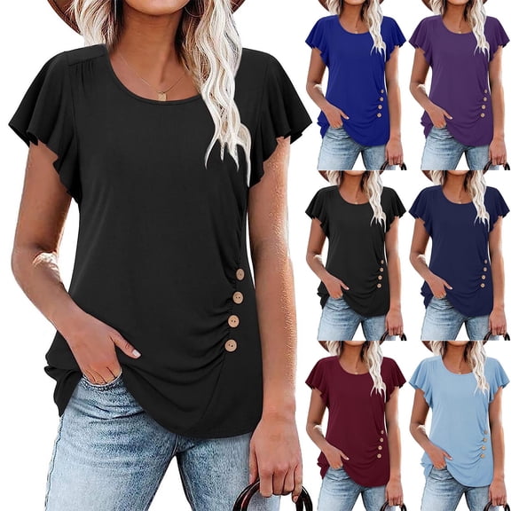 Ashirexll Summer Tops for Women, Solid Color Casual Button Pleated Round Neck Short Sleeve Shirts