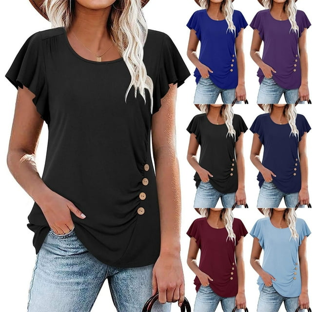 Qtocio Womens T Shirts,Solid Color Casual Button Ruched Crew Neck Short Sleeve Blouses Summer Tee Shirts Comfy Ladies Tunics Soft Breathable