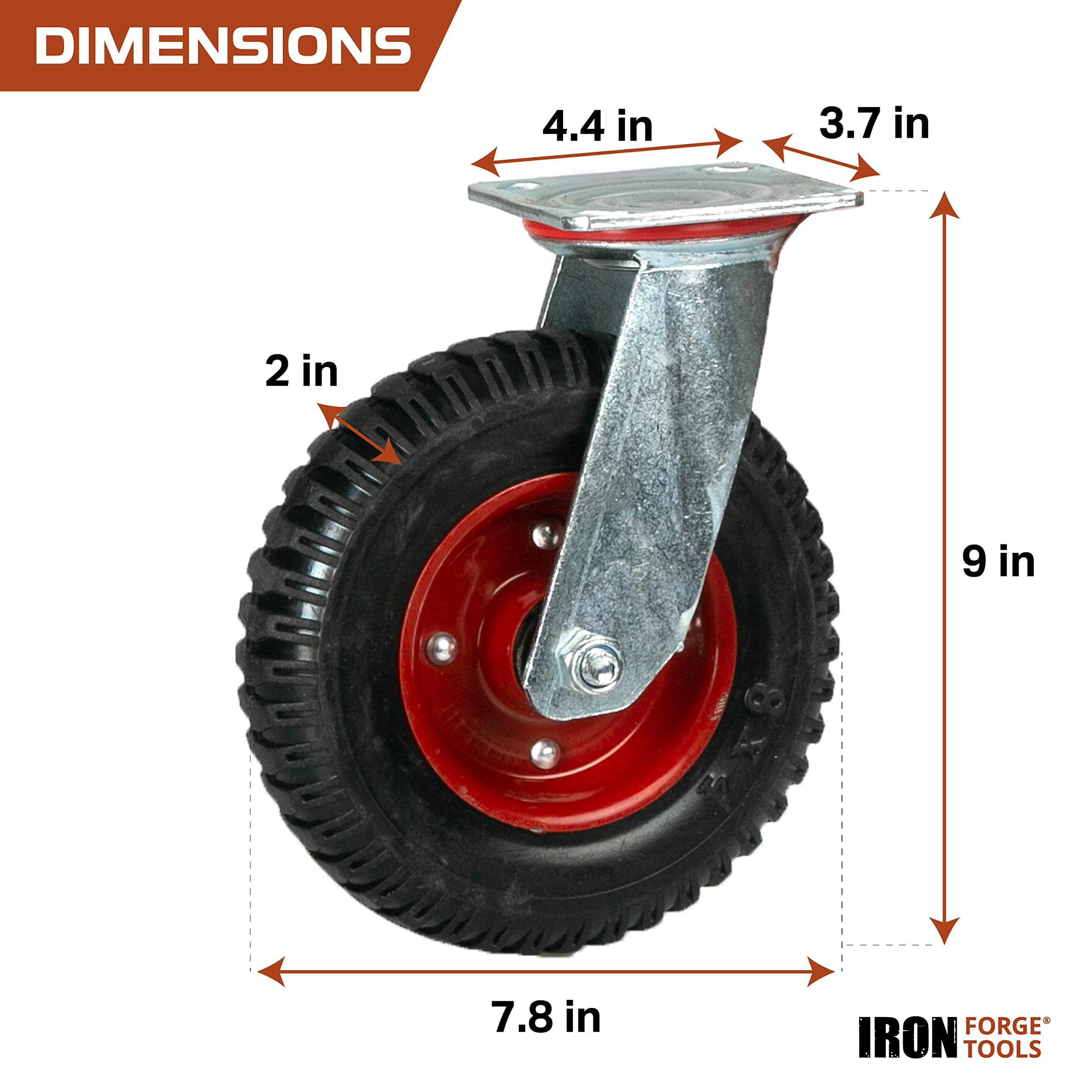 Iron Forge Tools Heavy Duty Swivel Knobby Caster, 7-7/8" Diameter, Set of 4 Flat-Free Solid Rubber Knobby Tread Caster Wheels, with Swiveling Bases, Two Casters with Brakes and Two Without