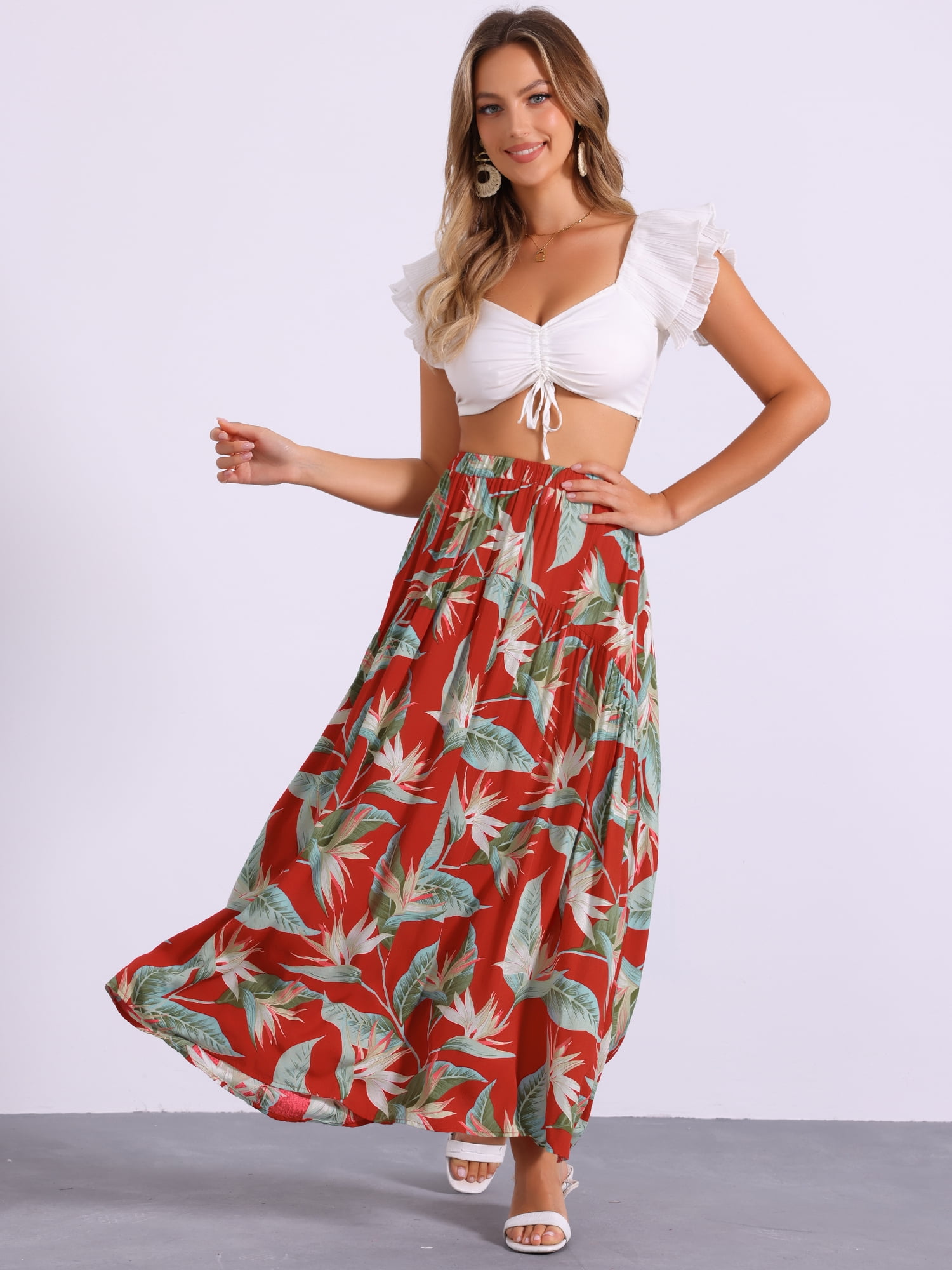 DARING DIVA Women's Floral Printing Elastic Bohemian Beach Maxi Skirts S Red