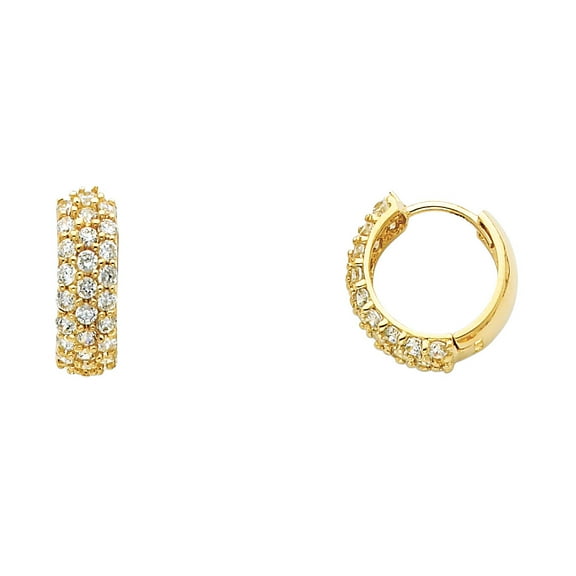 Huggie Hoop Earrings Solid 14k Yellow Gold CZ Huggies Round Three Row Pave Set Polished Fancy 14 mm