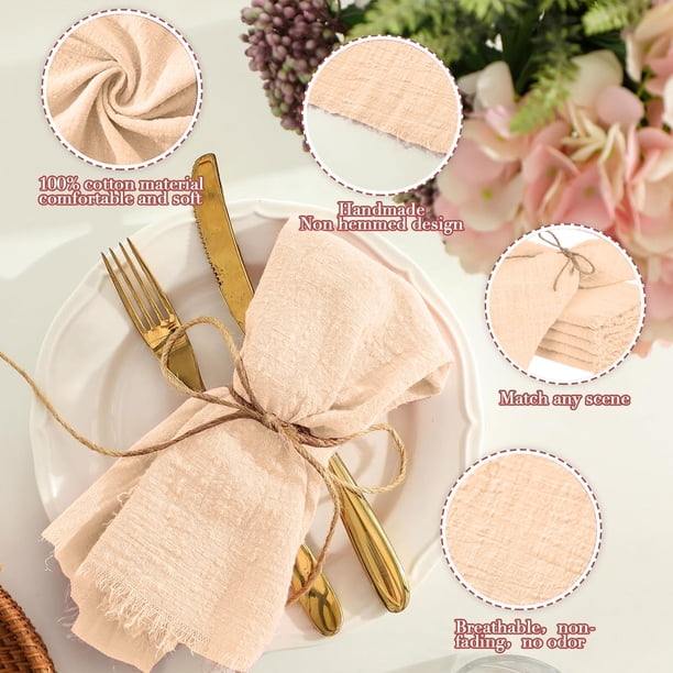 Lot De 12 Serviettes En Tissu Coton Lin 42x42 Cm Rose Avec Franges - Serviettes Dîner Rustiques