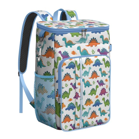Travel Cooler Bag - White Cartoon Dinosaurs Leaves Pattern Camping Beer Cooler Backpack with Bottle Opener- Waterproof Insulated Picnic Backpacks - Cooler Bag for Beach