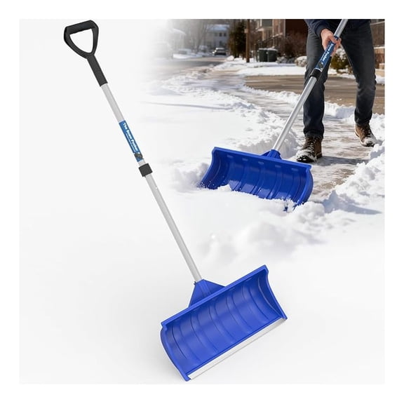 Snow Pusher Shovel for Driveway Car Garage, Snow Removal Plow with D-Grip Handle Aluminum Strip, Ergonomic Heavy Duty Wide Snow Shovel for Home Outdoor, Blue